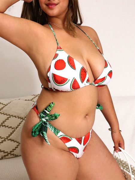 

plus watermelon print triangle tie side bikini swimsuit d7tb#, Black