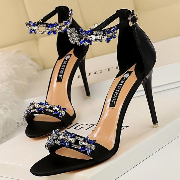 

bigtree shoes ladies sandals heels designer high heels women rhinestone heel stiletto new 2021 women fashion shoes, Black