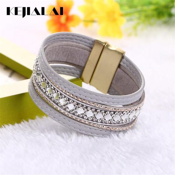 

tennis retro crystal bracelet for women personality leather wide magnetic buckle geometric wrap kjl047, Golden;silver