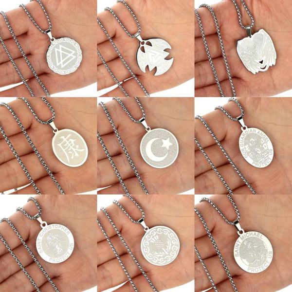

pendant necklaces stainless steel amulet protect us necklace saint michael guardian angle statement jewelry women, Silver