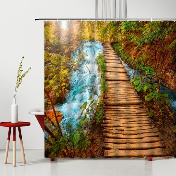 

shower curtains forest scenery curtain waterfall small bridge plank road nature landscape plant bathroom decor polyester bath