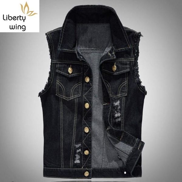 

men's vests fashion mens motorcycle jean vest black ripped destroyed washed slim fit sleeveless denim jacket for men plus size 6xl, Black;white