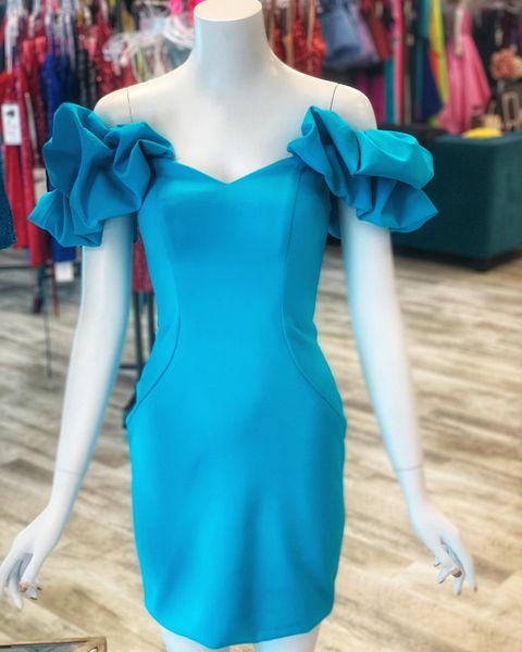 Festival musicale Vestito da festa 2021 Guaina sexy Cocktail Hoco Mini abito corto Colonna Off-the-spalla Raso Natale Laurea Teal Young Lady Club Wear Prom