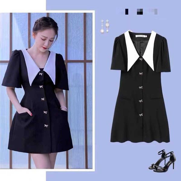 

same jon's color contrast collar short skirt reduced age hepburn single breasted medium length drs, Black