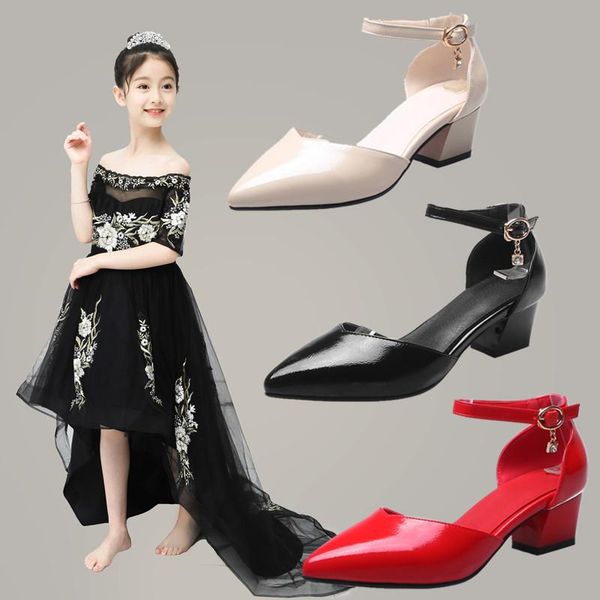 

flat shoes spring/summer girls leather student princess performance dress party dance baby kids high heels 04, Black;grey
