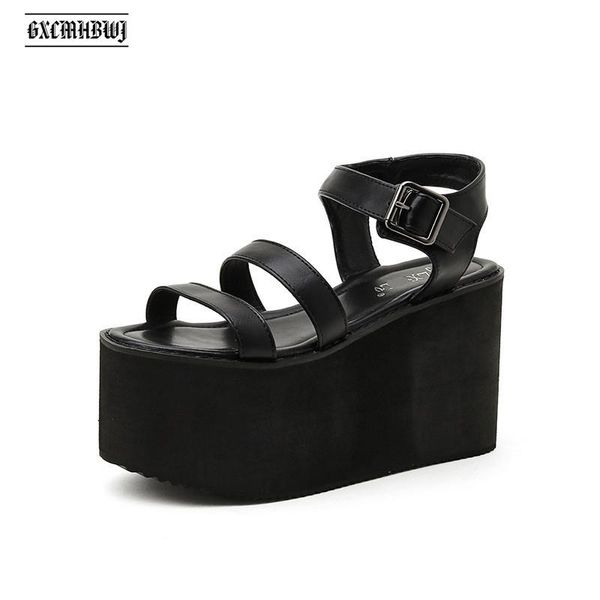 

dress shoes gxcmhbwj women super high heels sandals summer buckle platform punk gothic style peep toe thick bottom wedges lady, Black