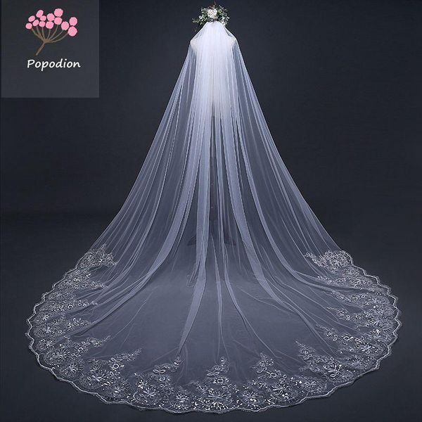 

bridal veils popodion wedding accessories 3*3 meters veil white lace sequins cathedral with comb was10090, Black