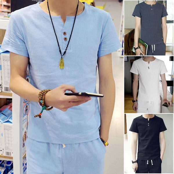 

hin summer new cool slim cotton short sleeve men's linen t-shirt suit, White;black