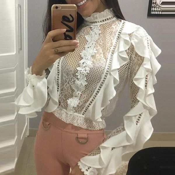 

women's blouse shirt plain ruffle lace high neck streetwear white c7xx#