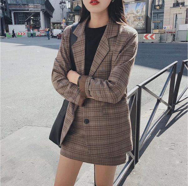 

two piece dress mozuleva 2021 retro plaid blazer set single-breasted jacket & pencil skirt 2 pieces suit female office ladies, White