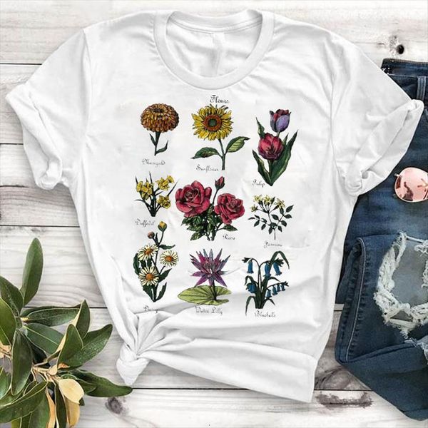 

sunflower wildflowers printed short sleeve womens tee clothes graphic, White