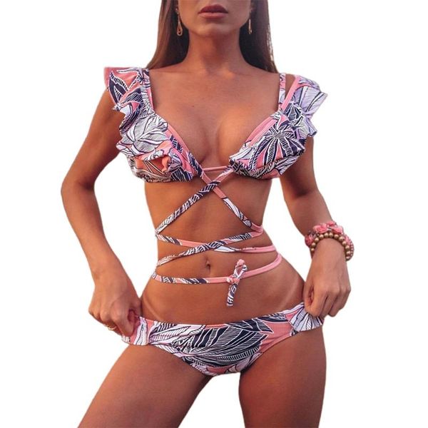 

2021 new women 2pcs bikini set ruffles off shoulder bra thong leaves print swimsuit
