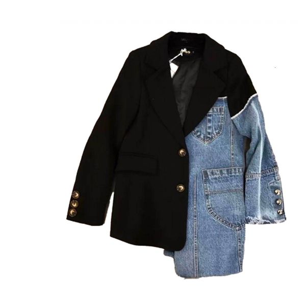 

women denim jacket spring autumn korean lapel stitching personality overalls loose fashion 2021 new short suit coat female z69 vgmw, Black;brown