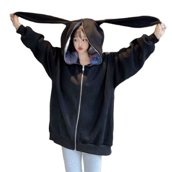 

harajuku kawaii bunny ears hoodie women fashion coat winter warm oversized loose thick zip up sweatshirt girl cute clothes 210816, Black