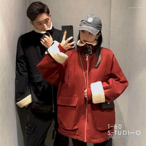 

women's down & parkas cotton clothes winter thick loose lamb-like wool korean style tooling padded jacket tide couple, Black