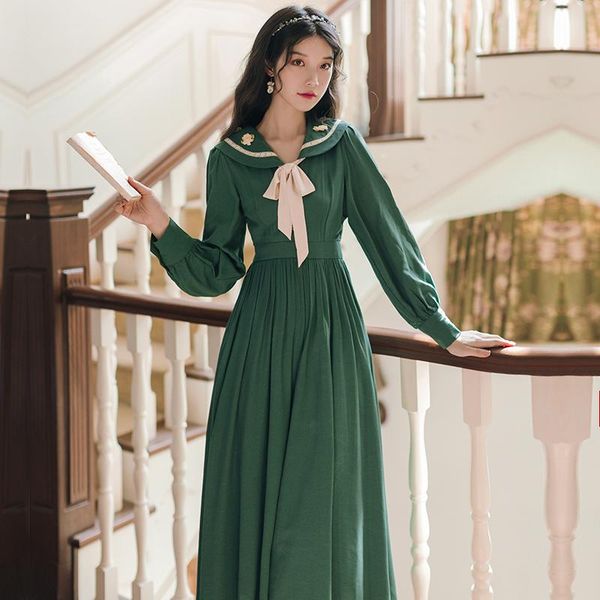 

casual dresses vintage autumn elegant women dress high waist lace up peter pen collar female 2021 quality, Black;gray