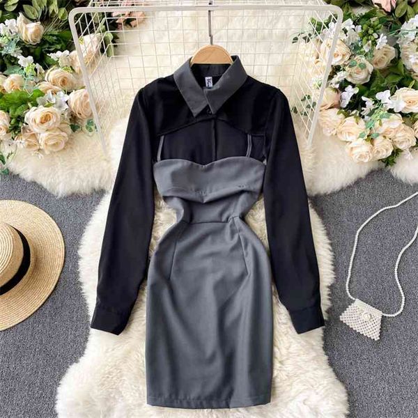 

design patchwork long sleeve dress women fashion turn down collar hollow out front high street robe femme 210603, Black;gray