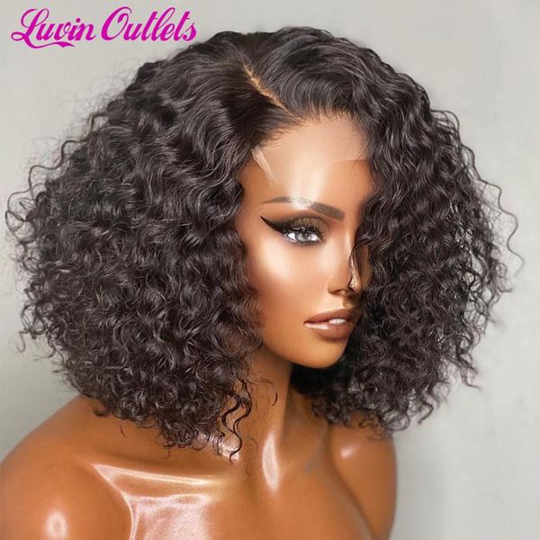 

lace wigs luvinoutlets brazilian deep wave bob 4x4 closure wig 13x4 front human hair curly short frontal 180%, Black;brown
