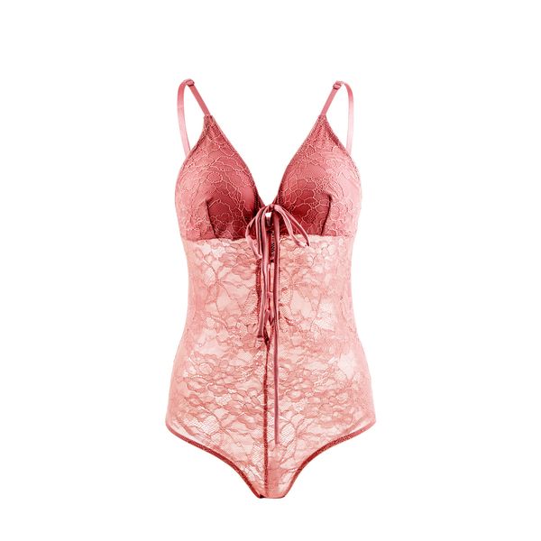 

sweet floral lace see through bodysuits women sleeveless v neck bandage leotard babydoll sleepwear lingerie underwear, Black