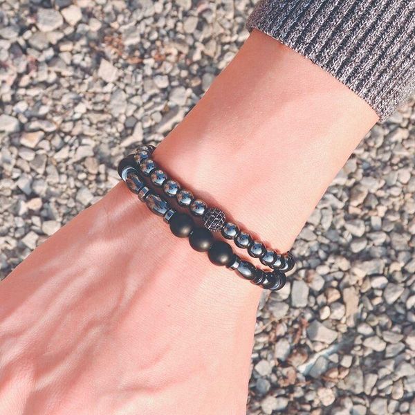 

charm bracelets 2pcs/pair men bracelet natural hematite onyx stone beaded braclet fashion homme jewelry accessories birthday for husband gif, Golden;silver