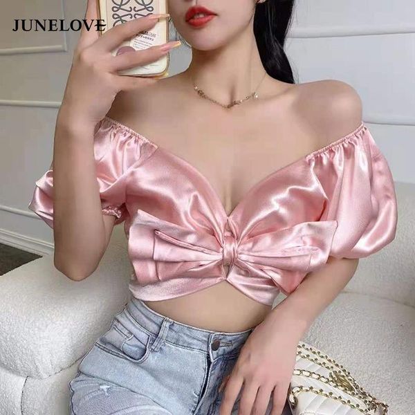 

women's blouses & shirts junelove party night club ladies crop women off shoulder sweet cute korean puff sleeve bow designer summe, White