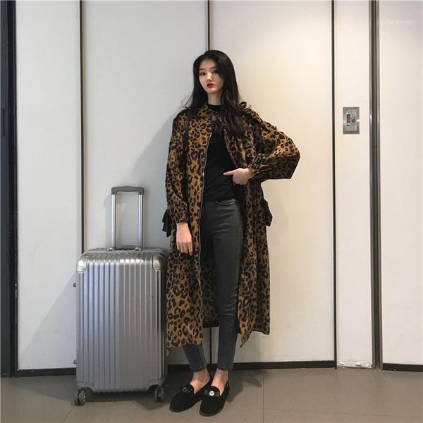 

women's jackets 2021 spring autumn stand collar leopard printed fashion loose large size high waist long windbreaker women cc1561, Black;brown