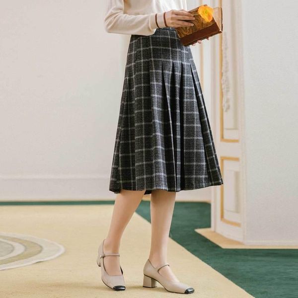 

skirts skirt medium length a-line pleated winter arrivals women's retro art tweed plaid, Black