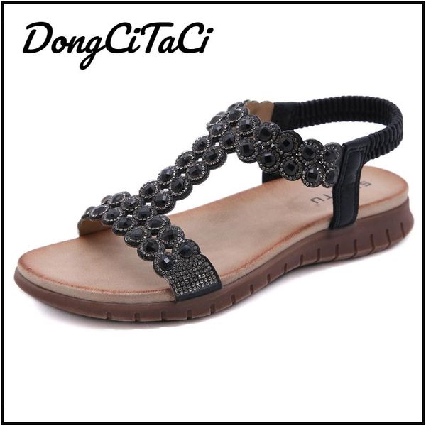 

sandals dongcitaci women's gladiator western flat open toe shoes for women crystal string bead beach roman sandales, Black