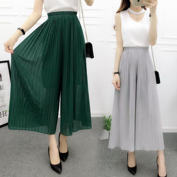 

women's pants & capris solid loose trousers spring summer style female chiffon pleated skirts women wide leg elastic waist culottes, Black;white
