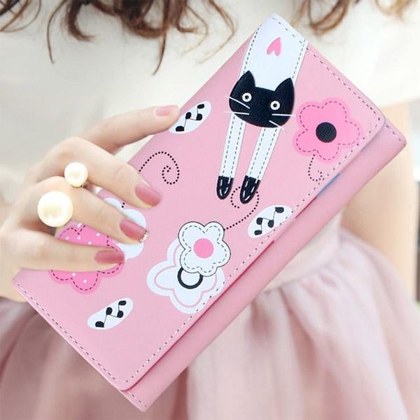 

wallets pvc long wallet 2021 cartoon fashion cute cat 2 fold large-capacity mobile phone bag women's, Red;black