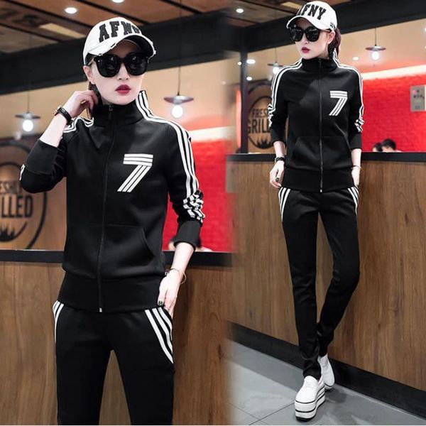 

autumn new korean women's fashion casual sports suit two piece bodysuit, Black