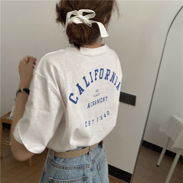 

letter printed causal loose simple thin short sleeve vintage fresh college wind arrival summer women t-shirts 210720, White