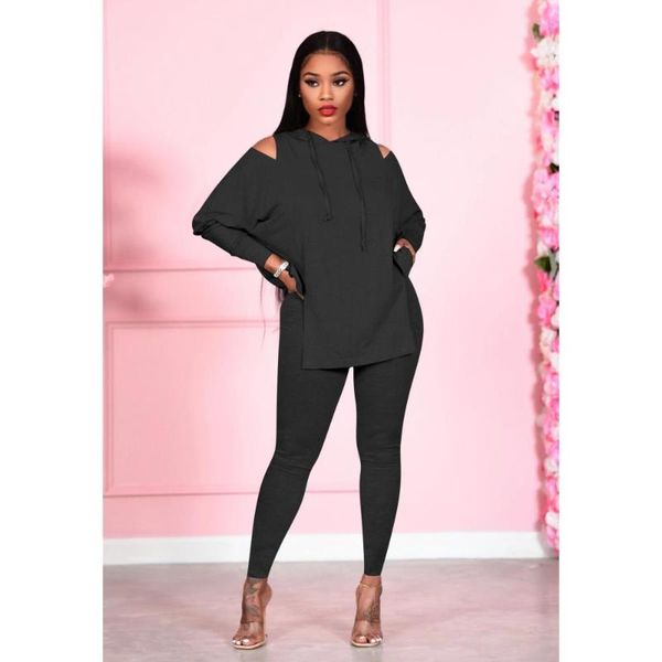

women's two piece pants solid color off shoulder hooded 2 suit long sleeve irregular hem loose bodycon straight trousers co ord sets, White