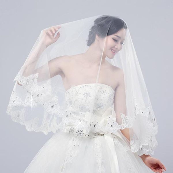 

bridal veils lan ting bride duas camadas borda com aplicao de renda vus noiva vu cotovelo miangas apliques 15,75 cm (40cm) tule, Black