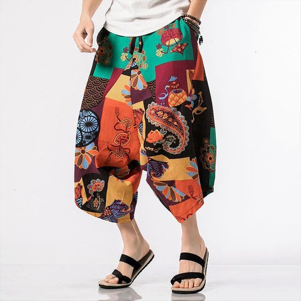 

mrgb summer wide leg printing women pants man loose casual calf length chinese style harem, Black