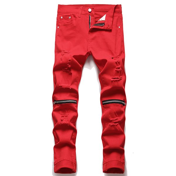Neue Zerrissene Elastische Rote Jeans Knie Zipper Design Slim Fit Denim Hosen Mens Dünne Hip Hop Hosen Pantalones De Hombre