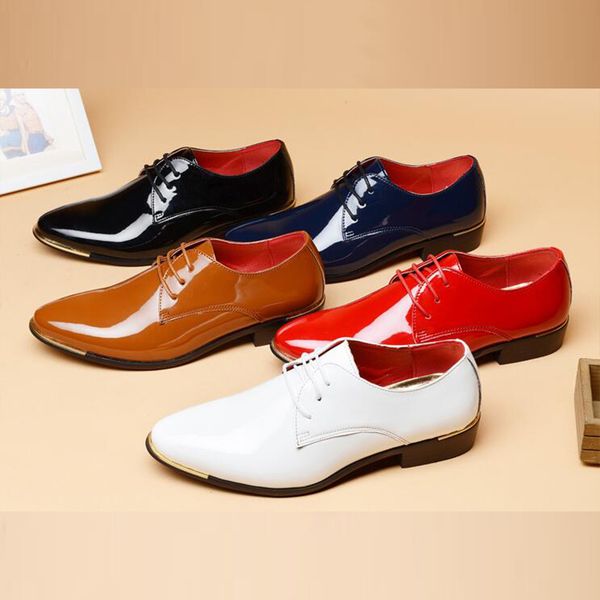 

cool pointed toes british men's business casual leather shoes korean version of patent leather men's lace-up large size dress shoe, Black