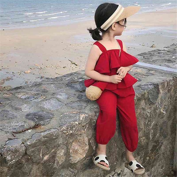 

baby girl set summer children clothing sets sleeveless pants kids 2pieces tracksuit for girls outfits, White