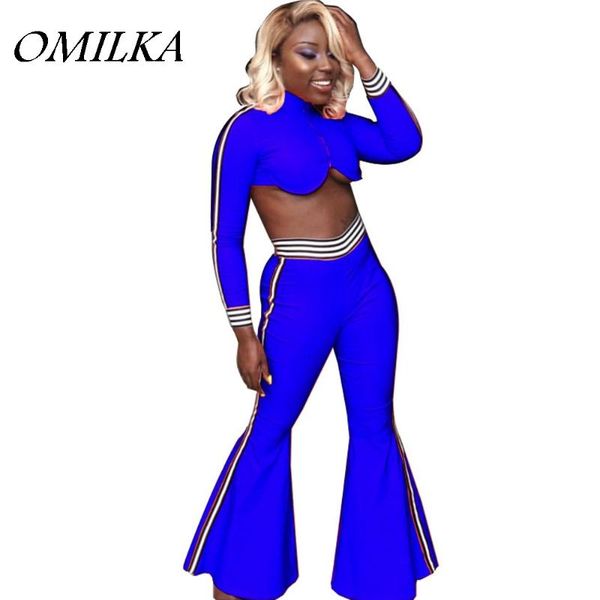 

women's tracksuits omilka 2021 summer women long sleeve o neck side striped crop and pant set blue orange 2 piece clothing, Gray