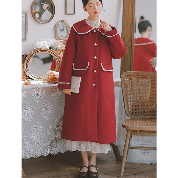 

2021 faux wool blends x-long coats women warm thick cotton outerwear red wine vintage france peter pan collar korean casual girls iren, Black