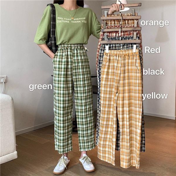 

women's pants & capris houzhou korean fashion plaid women harajuku streetwear wide leg checked trousers for female 2021 green oversize, Black;white