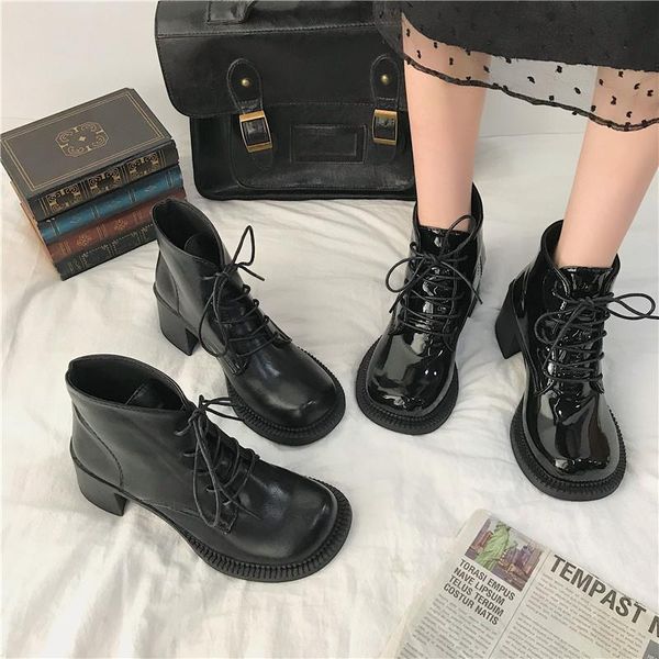 

boots leather women genuine pointed toe mid heel ankle thick square slip on western cowboy 2021, Black