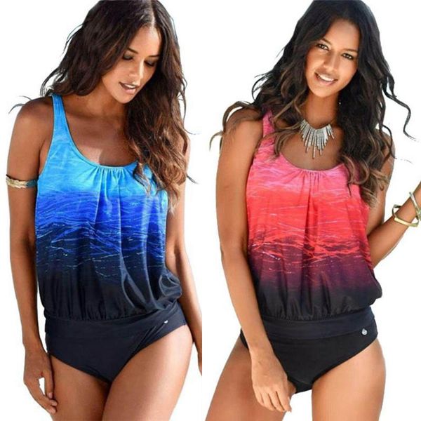 

one-piece suits tankini women swimsuit 2021 blue gradient two pieces sports bikini plus size swimwear padded bathing suit 3xl