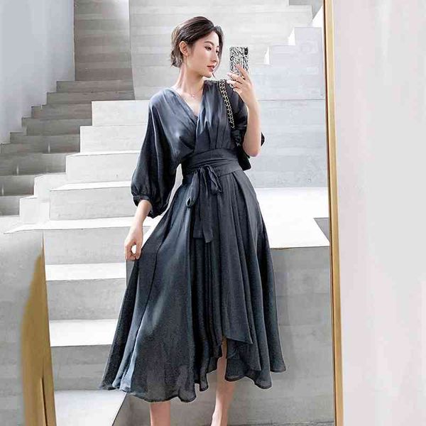 

elegant summer dress satin smoke grey surplice wrap knot half sleeve high waist party dresses women clothes autumn 210608, Black;gray