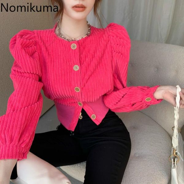 

nomikuma corduroy coat korean puff long sleeve women jacket 2021 spring new single breasted solid short outerwear 6d884, Black;brown