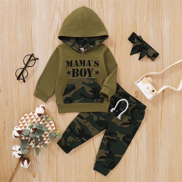 Kostenloser Versand Neugeborenes Baby Kleidung Kleinkind Junge Herbst Outfits Grün Langarm Mamas Junge Hoodie Camflage Hosen Casual Set 210309
