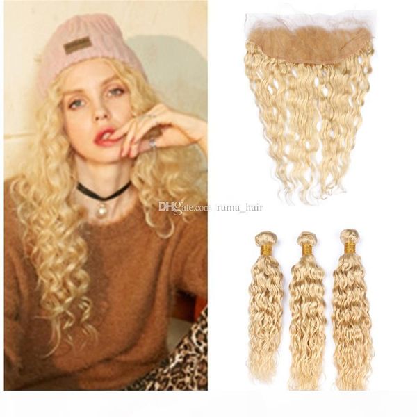 

water wave brazilian blonde virgin human hair weaves with frontals wet and wavy #613 blonde 13x4 lace frontal closure with 3bundles deals, Black;brown