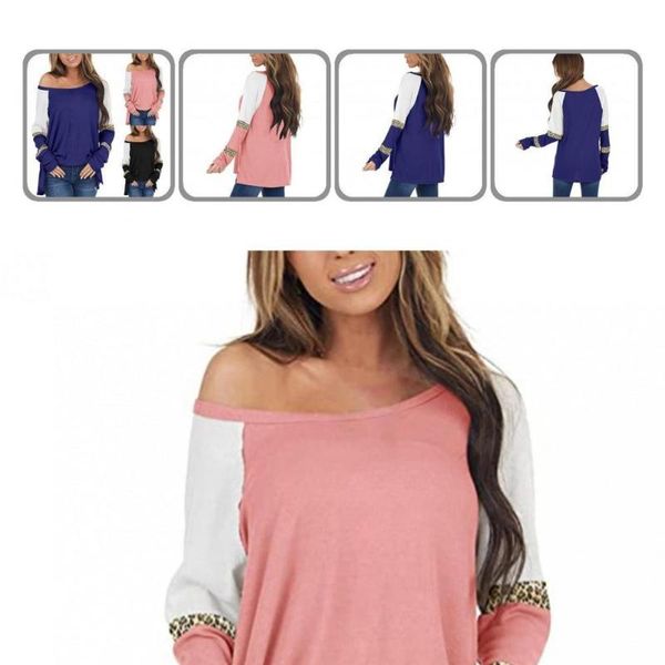 

women's blouses & shirts lady simple contrast color o neck long sleeve blouse pullover women autumn leopard patchwork for daily wear, White