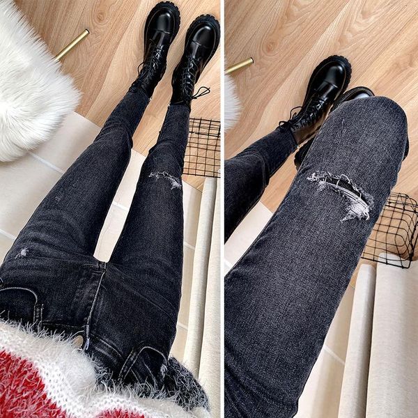 

women's jeans woman pants black elastic high waist autumn and winter fake ripped tappered, Blue