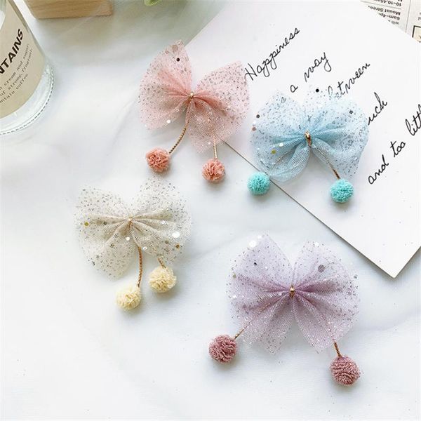 

hair accessories 10pcs/lot princess style children sequins yarn hanging pom tassel bow clip girls kids headwear, Slivery;white